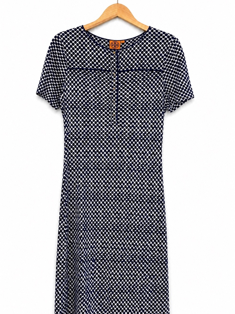 Tory Burch Silk Short. Sleeve Navy- White Polka Dots Shirt Dress Size M -  EUC - Picture 2 of 11